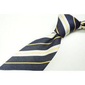 Cesare Attolini Dark Blue Canary Yellow White Striped Lightweight Silk Tie NEW
